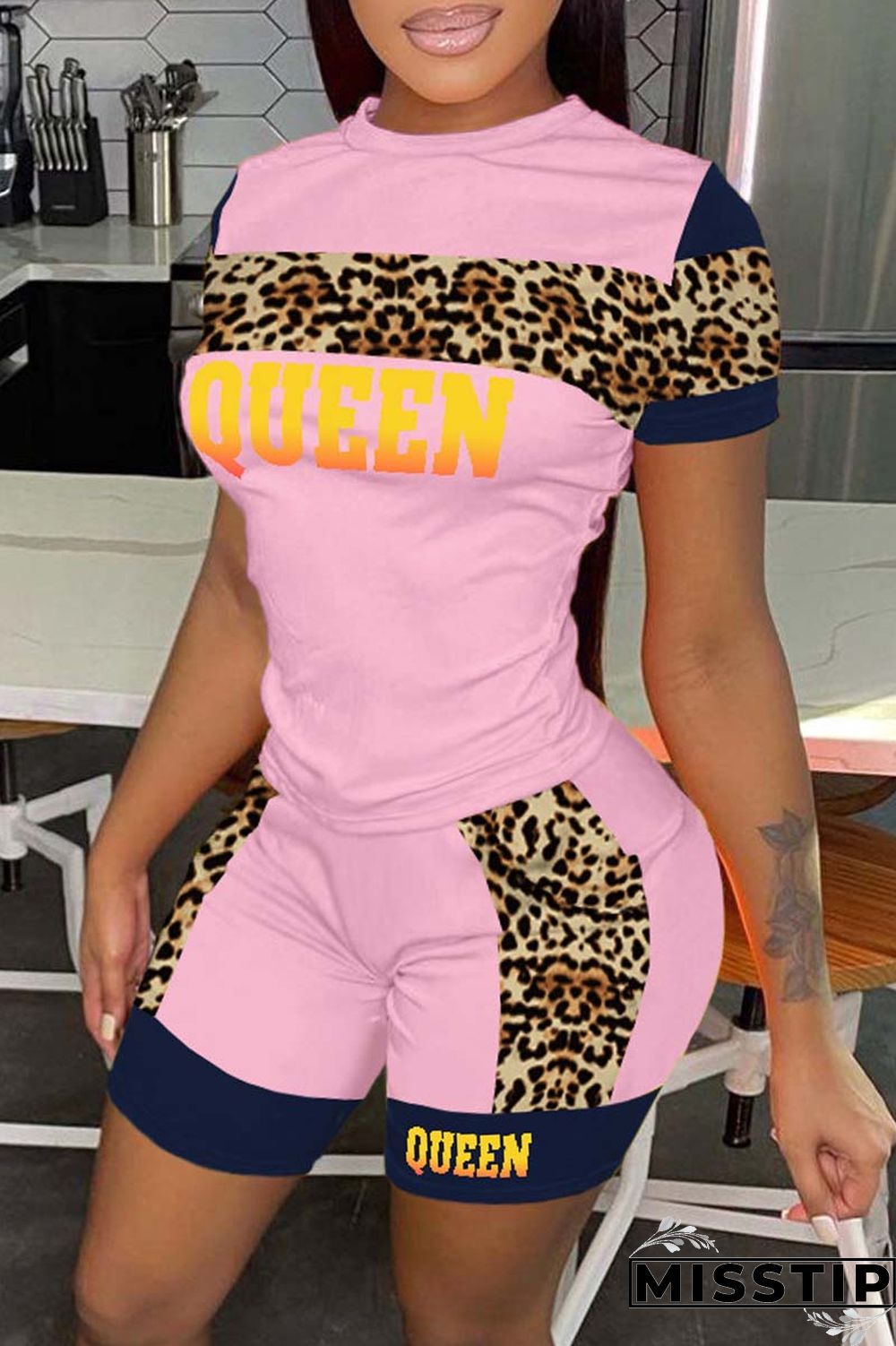 Pink Casual Letter Print Patchwork O Neck Short Sleeve Two Pieces