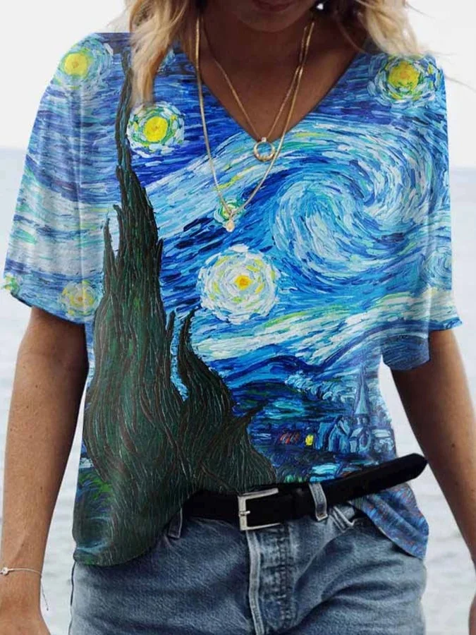 Van Gogh Starry Sky Oil Painting Short Sleeve T-Shirt