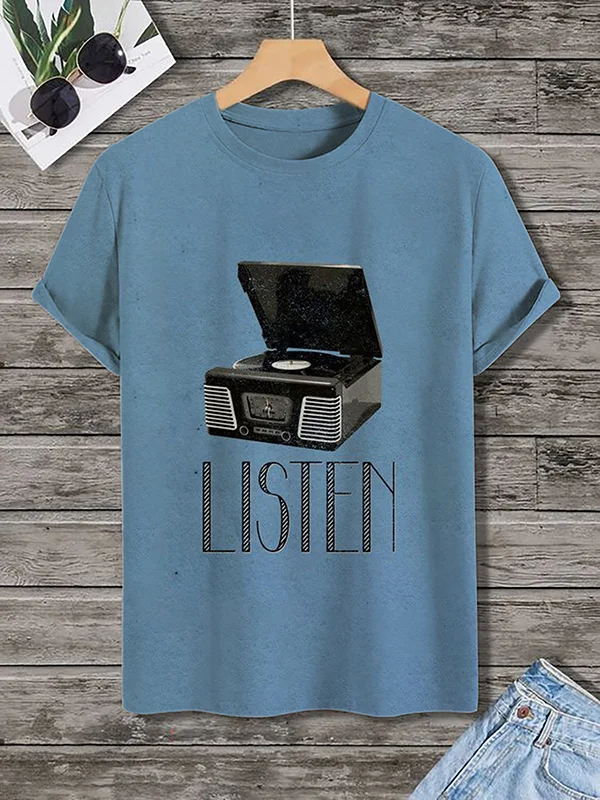 Men's Listen Retro Record Player Graphic Print T-Shirt