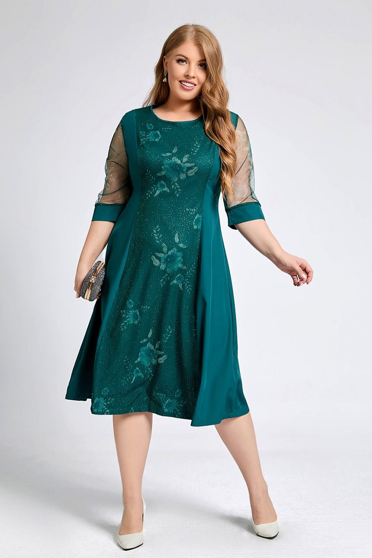 Flycurvy Plus Size Lace Embroidery Patchwork 3/4 Sleeve Midi Dress  flycurvy [product_label]