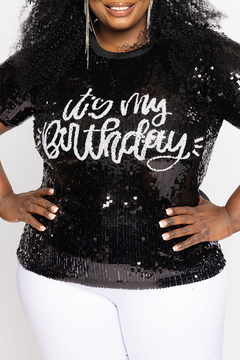 Plus Size Party Blouses Black Letter Print Short Spring Summer Round Neck Birthday Short Sleeve Sequin Blouses [Pre-Order]