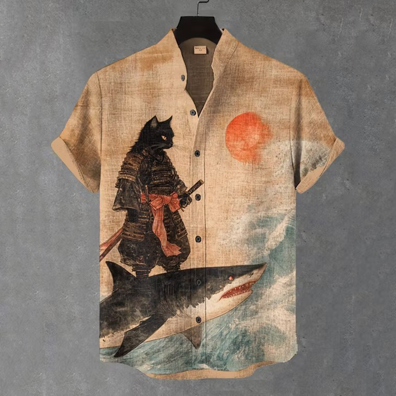 Men's Black Cat Warrior And Shark Art Print Casual Shirt  artssus