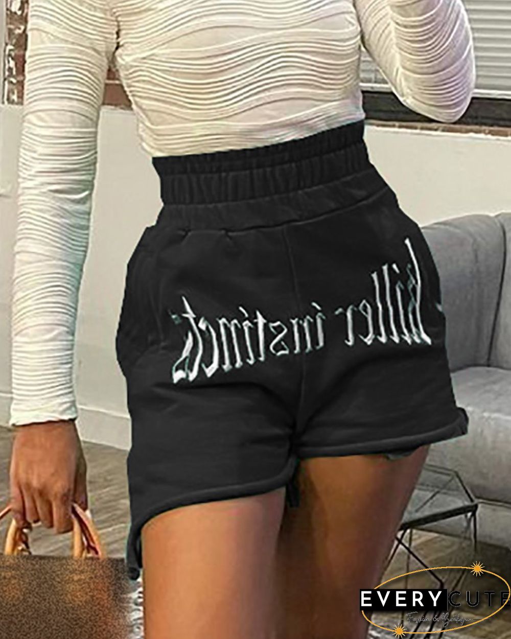 Letter Embroidery Shirred High Waist Casual Shorts