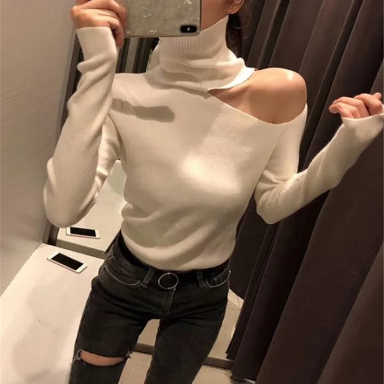 Knitted Sweater Off Shoulder Pullovers Sweater for Women Long Sleeve