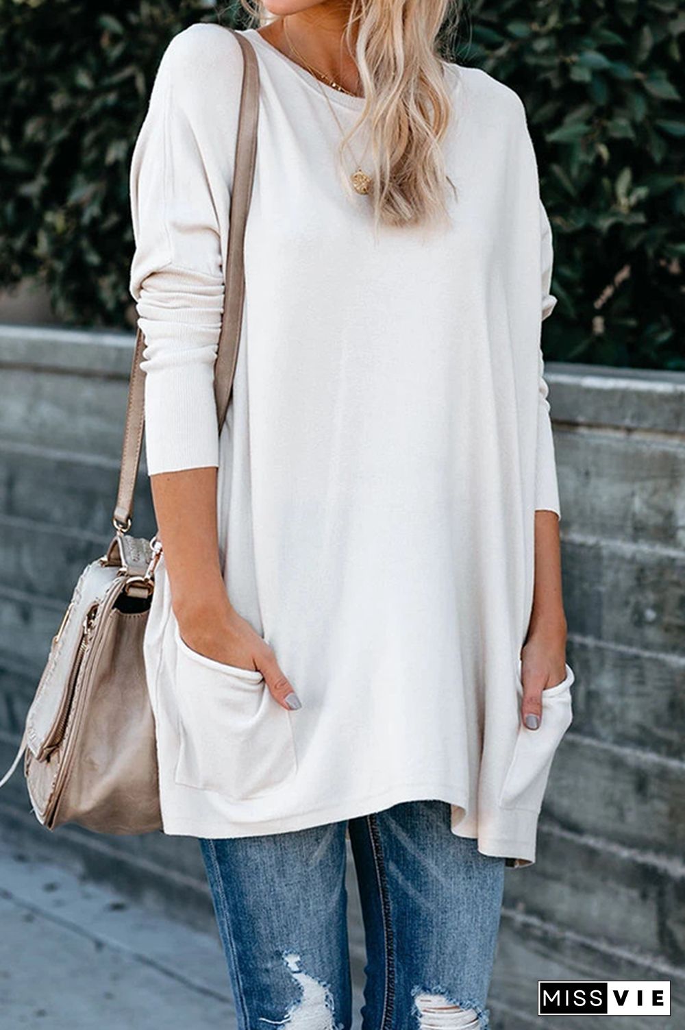 Casual Solid Split Joint Pocket O Neck Tops（13 colors）