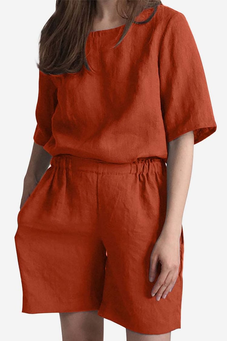 Linen Round Neck Short Sleeve Top Wide Leg Casual Shorts Matching Set
