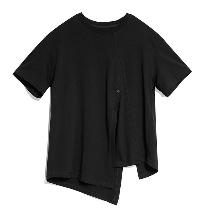 Fashion Loose Solid Color O-neck Asymmetric Slit Hem Short Sleeve T-Shirt     