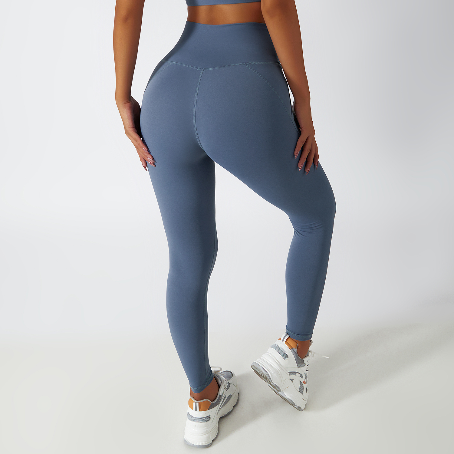 Buy Haze Blue high rise no camel toe squat proof butt lifting non see through lightweight buttery soft ethical yoga pants eco friendly of high quality on Hergymclothing