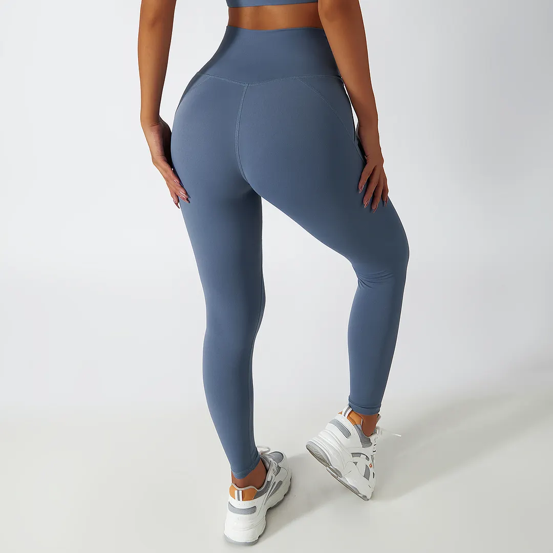 Buy Haze Blue high rise no camel toe squat proof butt lifting non see through lightweight buttery soft ethical yoga pants eco friendly of high quality on Hergymclothing