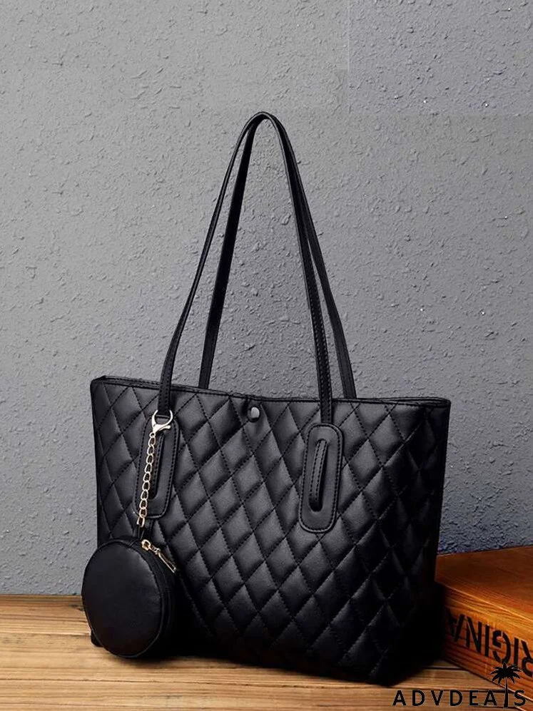Minimalist Quilted Shoulder Tote Bag With Purse