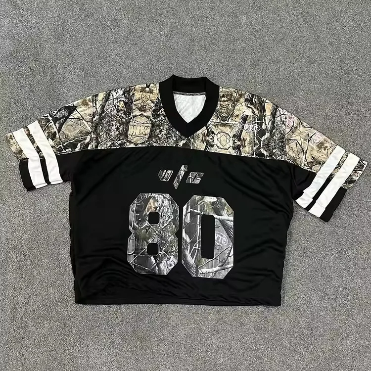Vintage No.80 Camouflage Graphics Blokecore Blokette Cotton Football V-neck Jersey T-shirt