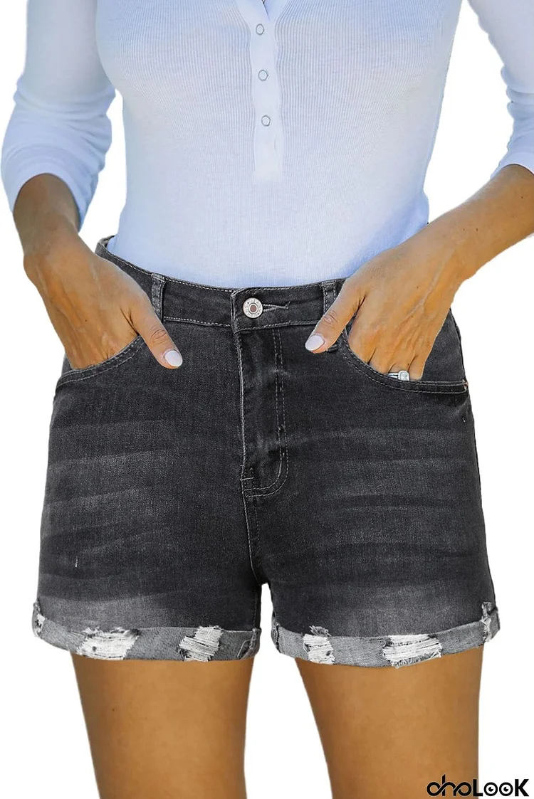 High Rise Cuffed Denim Shorts