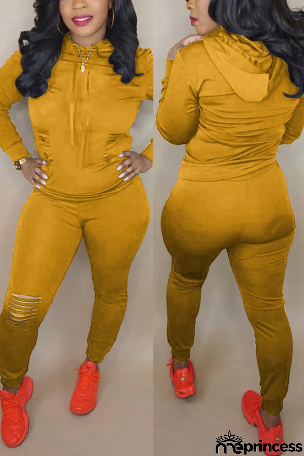 Yellow Fashion Casual Solid Ripped Hooded Collar Plus Size Set