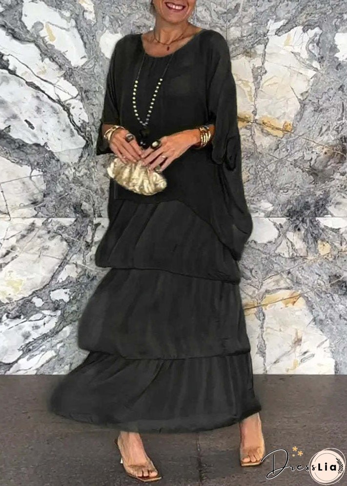 Loose Grey O Neck Solid Chiffon Long Dress Half Sleeve