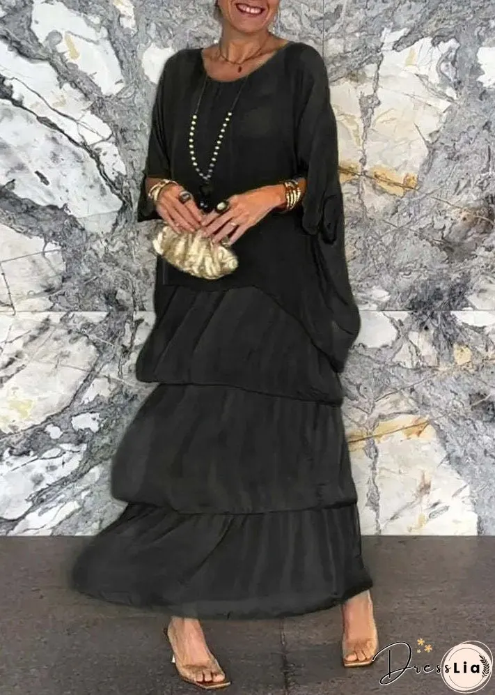 Loose Grey O Neck Solid Chiffon Long Dress Half Sleeve