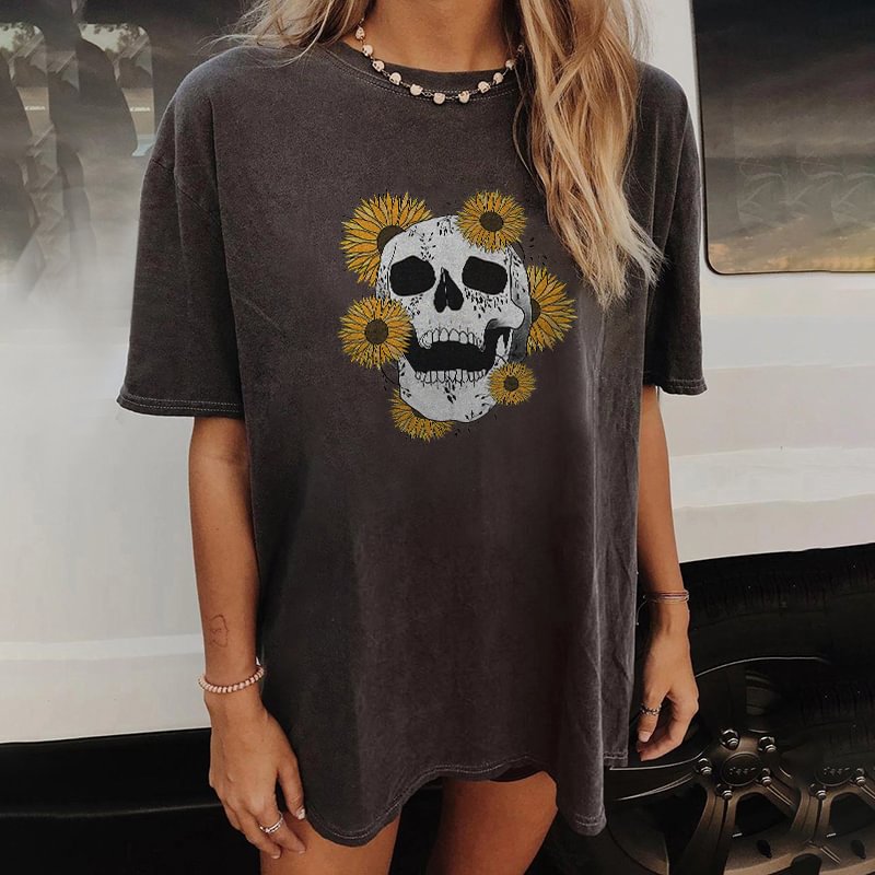 Minnieskull Floral Skull Print Designer Short-sleeved T-shirt - Minnieskull