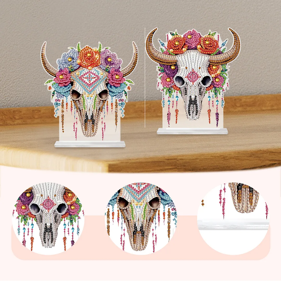2Pcs DIY Diamond Art Tabletop Ornaments Reusable Special Gem Rhinestone Mosaic Craft Multi-Purpose Diamonds Art Suncatchers Flowers Gift for Craft Lovers (Floral Bull Skulls)
