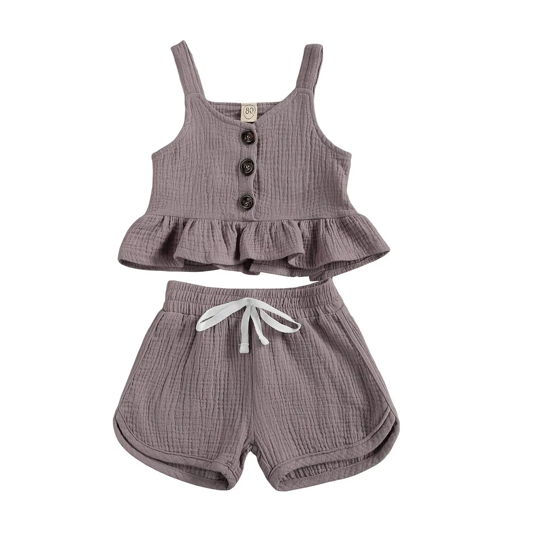 Infant Baby Girls Casual Two-piece Solid Clothes Set Solid Color Off-the-shoulder Tops + Shorts, Green/ Purple/ Pink/ Nude 6M-4T