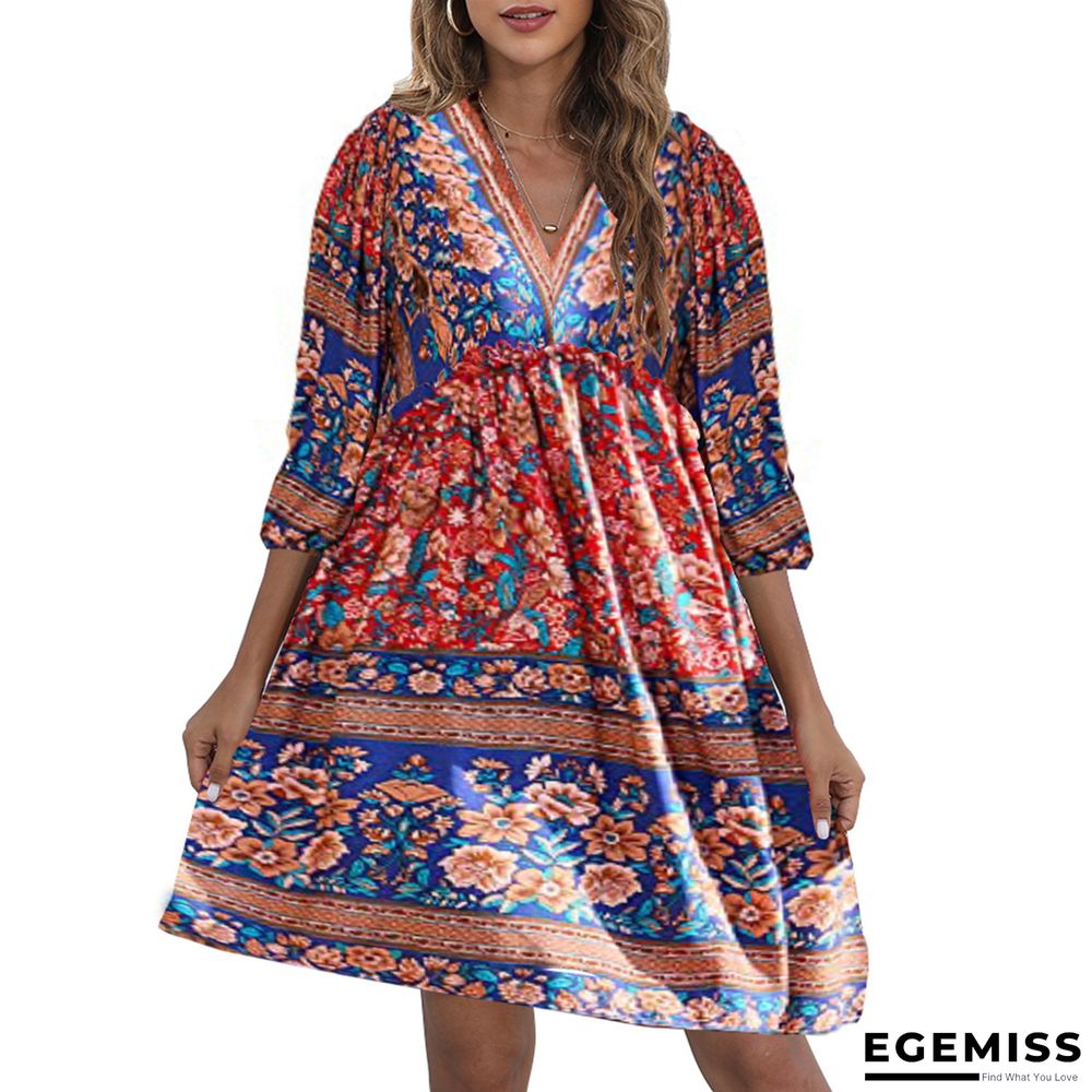 Bohemian Print V-neck Bubble Sleeve Big Swing National Style Dress Women's Wear | EGEMISS