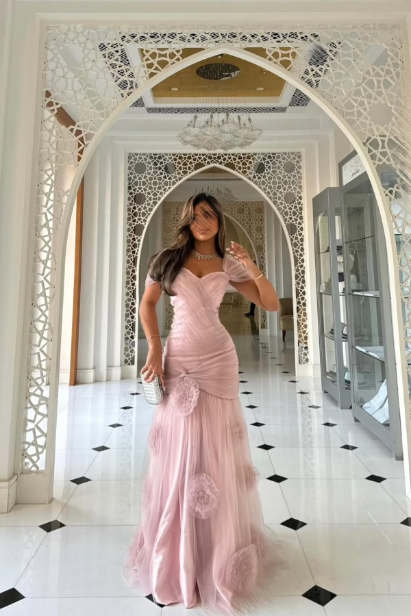  Pink Off-Shoulders V-Neck Prom Dress Sheer with Handmade Flower - Ohprom