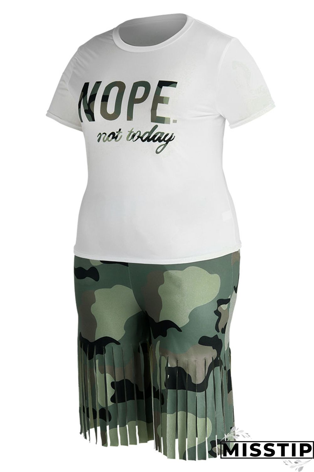 Black White Casual Street Print Tassel Patchwork O Neck Plus Size Two Pieces