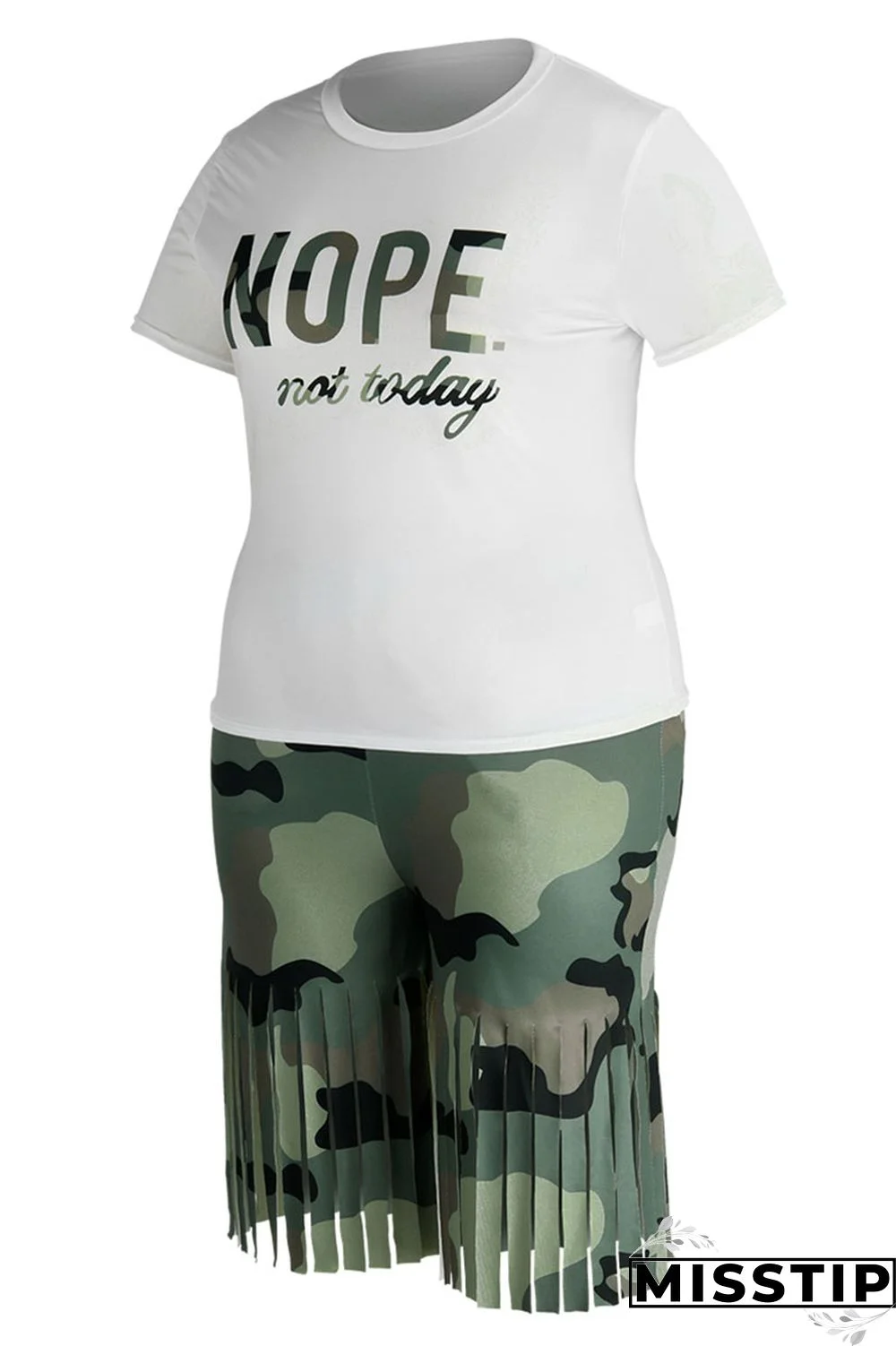 Black White Casual Street Print Tassel Patchwork O Neck Plus Size Two Pieces