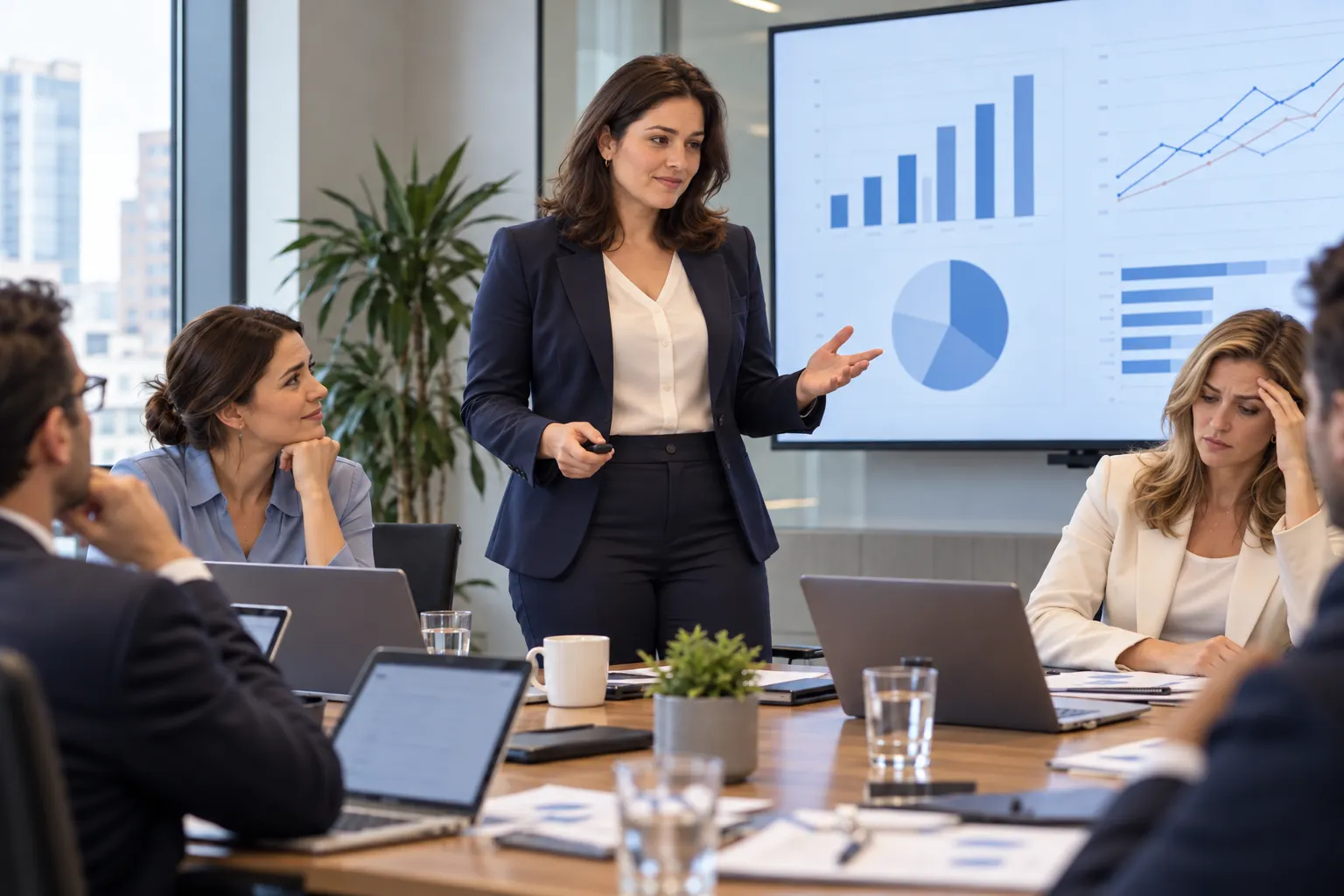 Professional woman confidently presenting in the same conference room