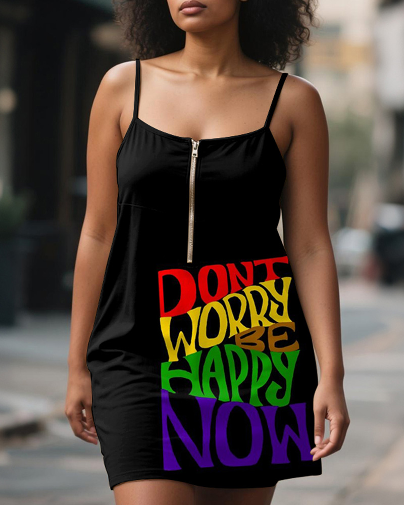Women's Plus Size Black Patchwork Alphabet Print Sling Zipper Mini Dress