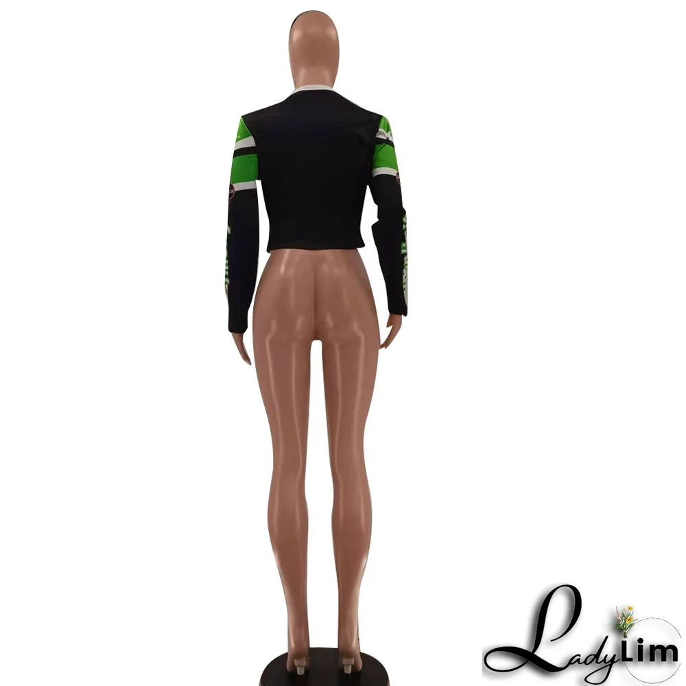 Women Round Neck Letter Print Long Sleeve Jacket