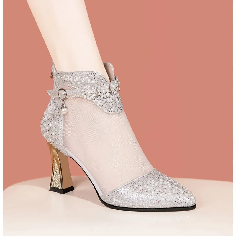 Wongn Wongn Korean Rhinestone Net Boots Women's Middle Heel Hollow Sandals Women's Thick Heel Back Zipper Women's Singles Boots
