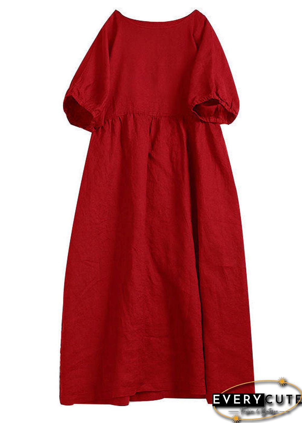 Handmade Apricot Solid O-Neck Wrinkled Patchwork Linen Dress Summer