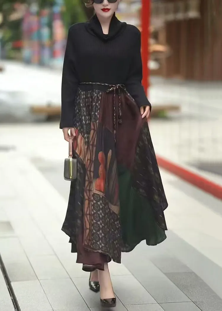 Italian Black Print Knit Patchwork Long Dress Winter