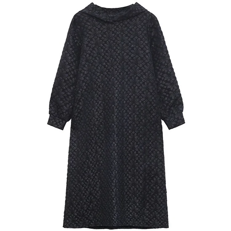 Unique Loose Black Hooded Jacquard Long Sleeve Dress  