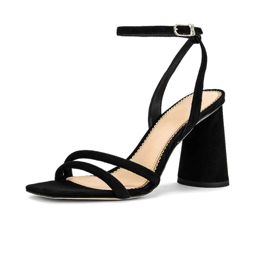 Black Faux Suede Square Toe 4'' Chunky Heel Ankle Strap Sandals Nicepairs