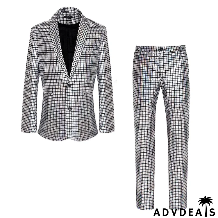 Men Fashion Wedding Party Nightclub Plaid Long Sleeve Lapel Suit Pants Plus Size Sets