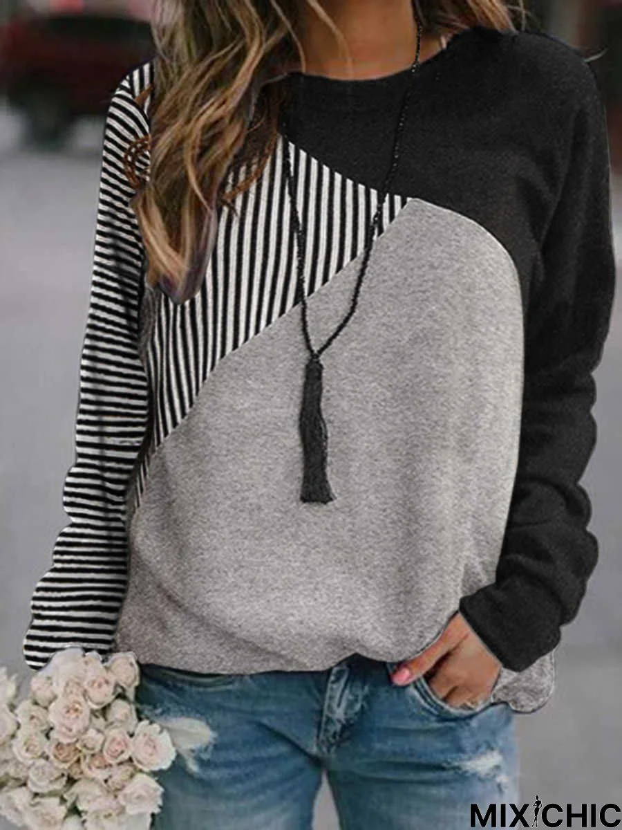 Cotton Blends Casual Striped Sweatshirt