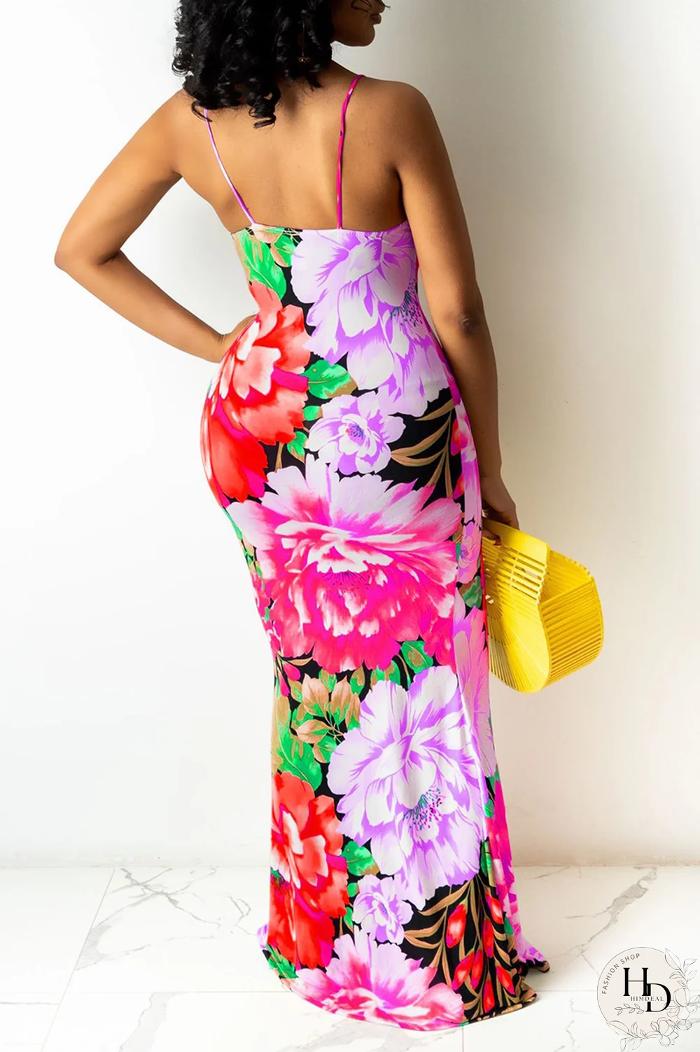 Yellow Sexy Patchwork Split Joint Spaghetti Strap Pencil Skirt Dresses