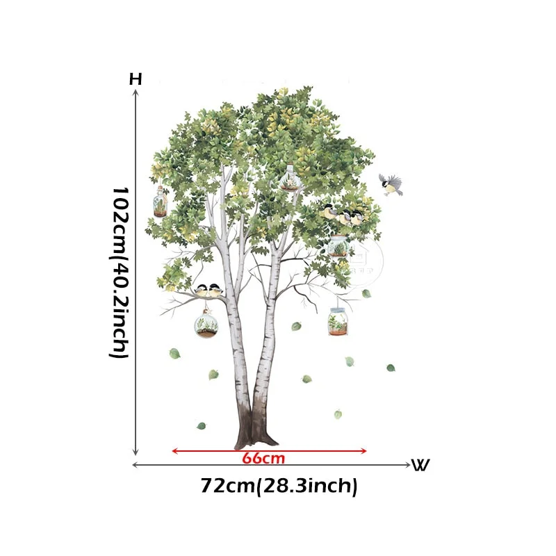 Big Tree Birch Wall Stickers Green Leaves Wall Decals Living Room Bedroom Birds Home Decor Poster Mural PVC Room Decoration