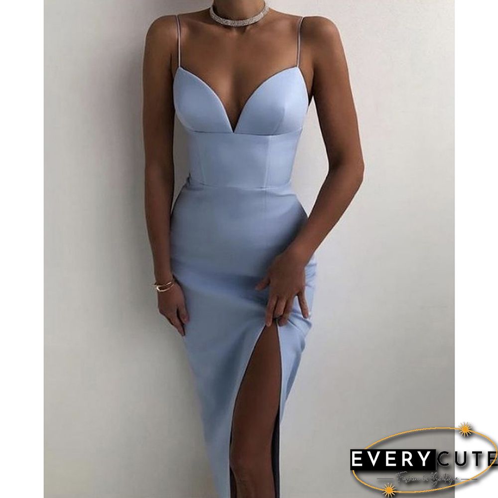 Grey-bluish Cotton Blend Knit Split Bodycon Dress