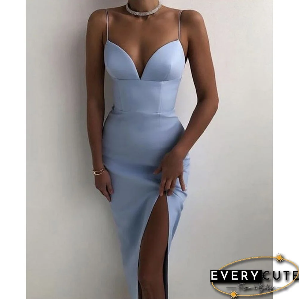 Grey-bluish Cotton Blend Knit Split Bodycon Dress