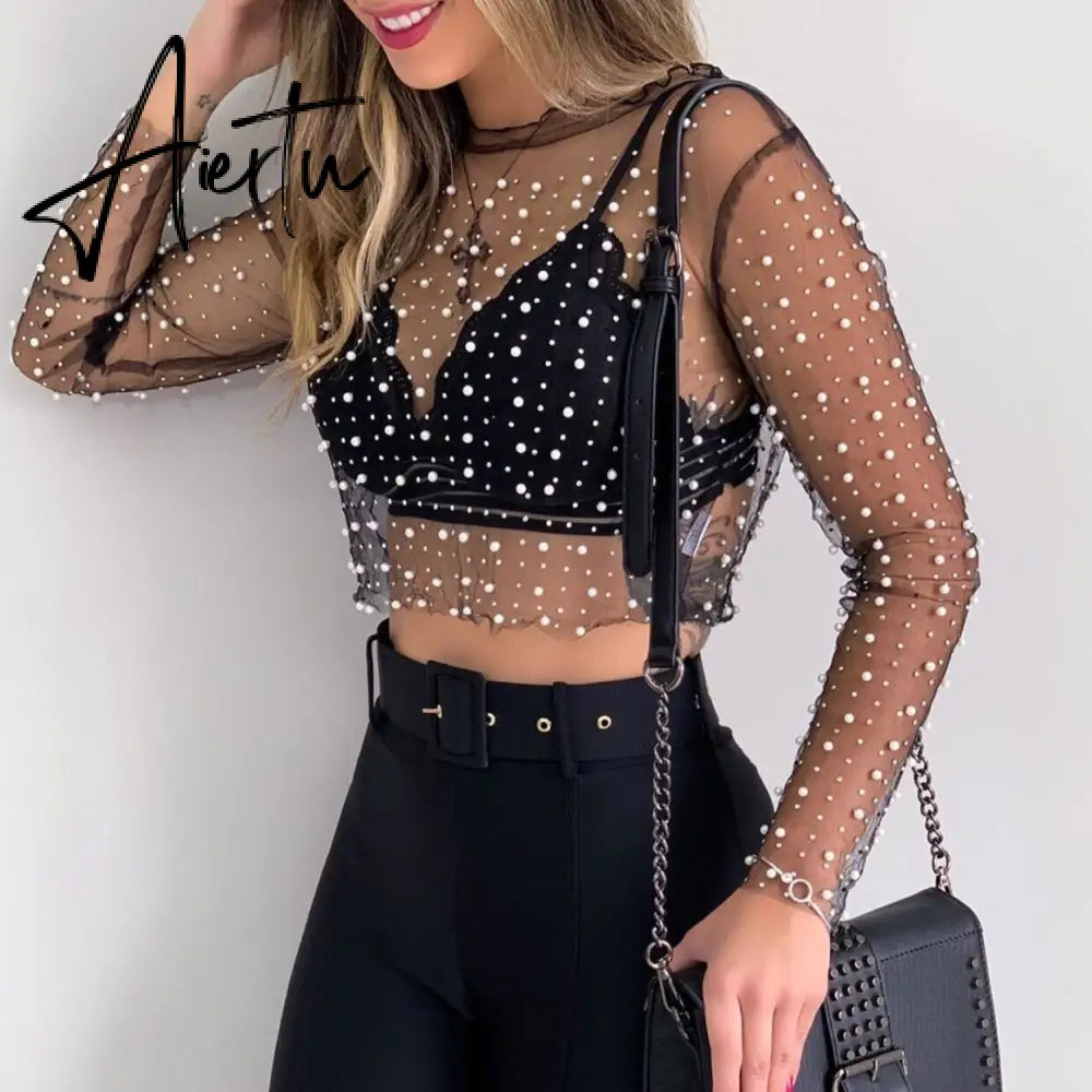 Aiertu  See Through Diamond Beads Mesh Women Tops Black Long Sleeve Round Neck Short Tops Women Spring Skinny Fashion Streetwear Aiertu