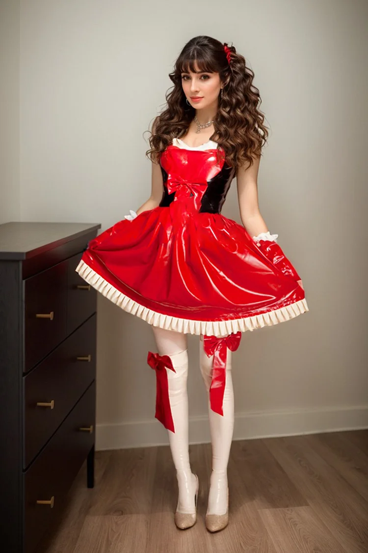 Women Latex Dress Big Bow Lolita Elegant Red and White Latex Dress with Bows