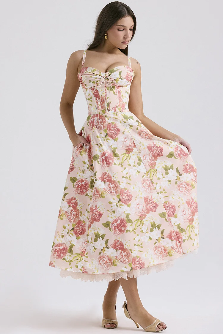 Semi Formal Pink Floral Print Ruched Lace Hem Midi Dress