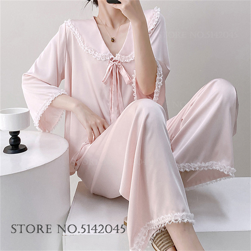 Damokan French Romantic Pajama Set Female Sleepwear Retro Palace Style Pijamas Suit Home Clothing Lingerie Loose Silk Satin Loungewear