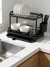 2 Tier Dish Drying Rack with Utensil Holder and Cup Rack Double Layer Sink Drain Rack with Drain Board for Apartment Kitchen Counter