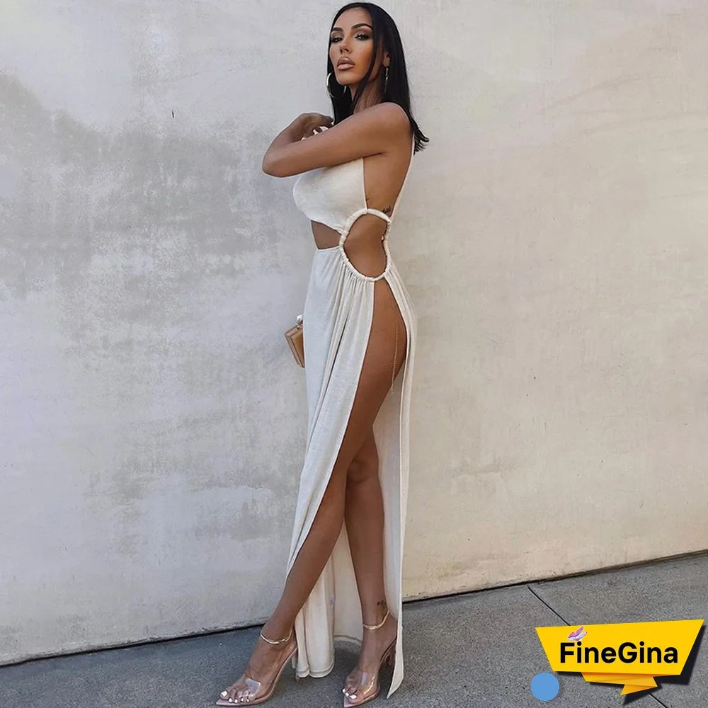 Women Round Cutouts Asymmetrical Neck Elegant Stunning Maxi Dress Midnight Party Robe Female Side Split White Dresses