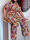 Belted Color-Block Short Sleeves Wide Leg V-Neck Suits