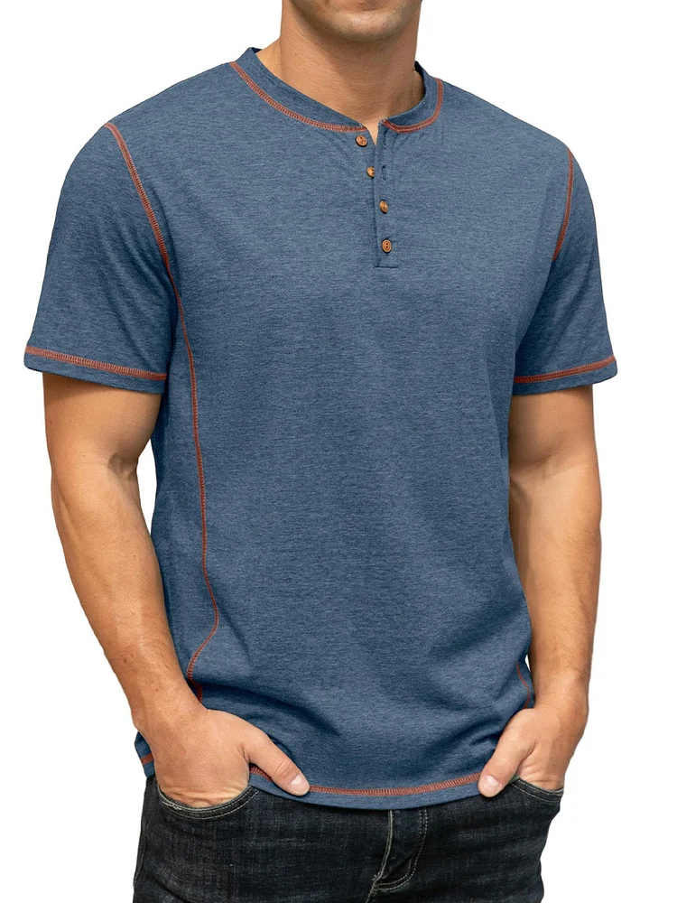 Men's Summer Comfortable Cotton Solid Color Short Sleeve Henley Shirt