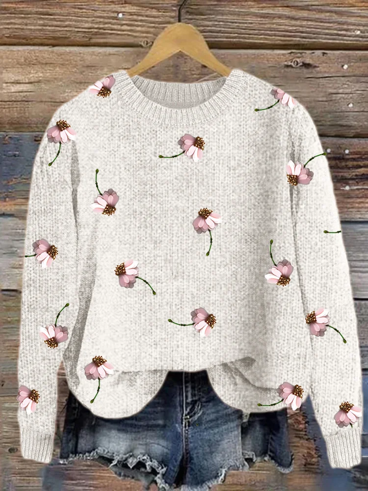 VChics Classy Beaded Floral Cozy Knit Sweater