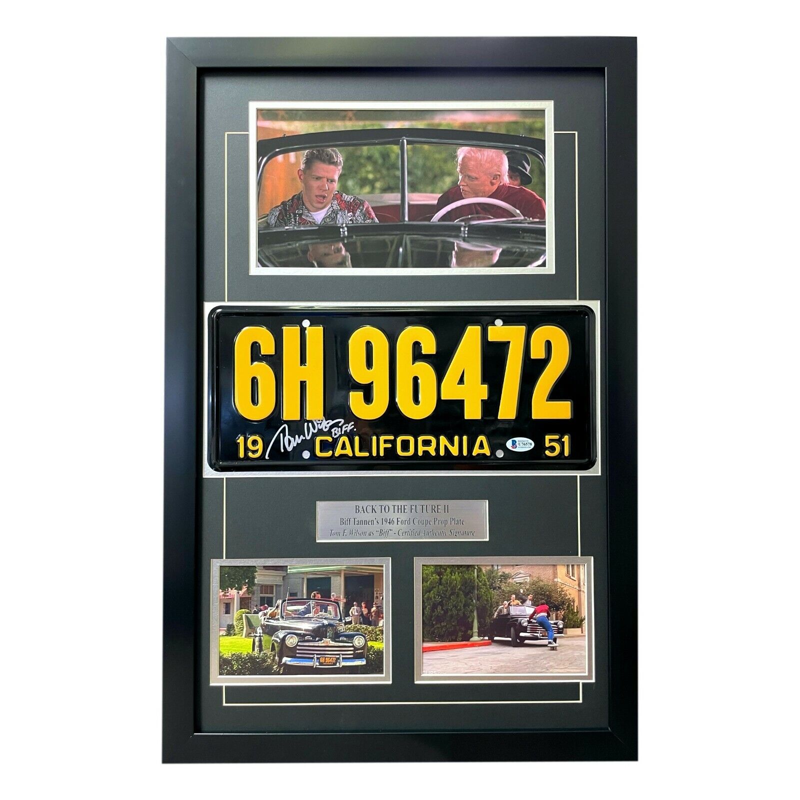 Back to the Future Signed Biff Tom F. Wilson Movie Car License Plate Framed BAS